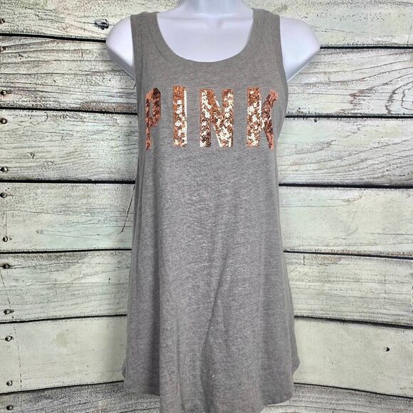 VS PINK Rose Gold Sequin Logo Tank Gray Size L - Picture 1 of 10